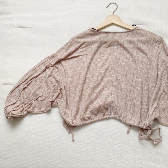 Pink Ribbed Drawstring Side Lantern Sleeve Crop Top - Picture 7 of 8